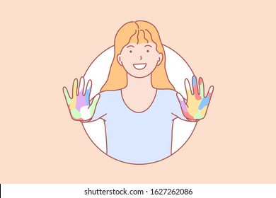 Amity, learning, hands, play concept. Smiling young girl with open colorful hands. Happy schoolgirl with painted arms learning friendship play. Friendliness, integration lifestyle simple flat vector.