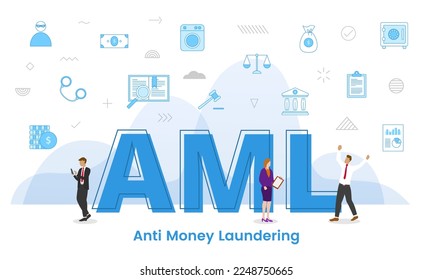 aml anti money laundering concept with big words and people surrounded by related icon with blue color style