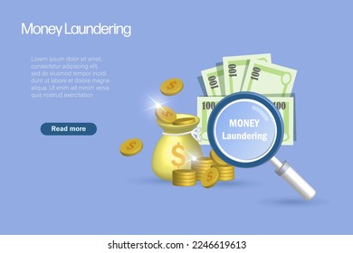 AML Anti money laundering and corruption concept. Magnifying glass detect money laundering from cash and gold coins. Financial crime and illegal. Vector Illustration.