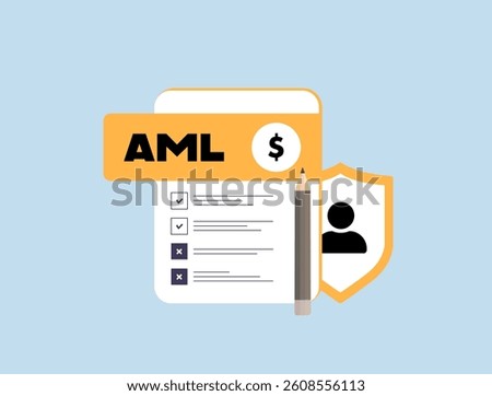 AML Anti-money laundering regulations and documentation requirements help detect suspicious transactions, enforce compliance, and prevent financial crime. AML regulation vector illustration and icons