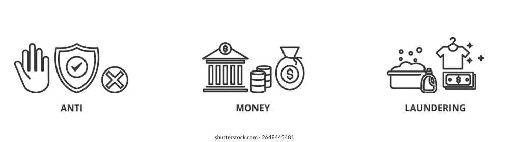 AML banner vetor ilustração conceito de anti lavagem de dinheiro com ícone de banco, renda, segurança, lavagem