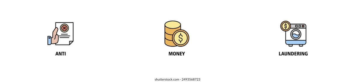 Aml banner web icon set vector symbol illustration concept of anti money laundering with icon of bank, income, security, washing, live stroke and easy to edit