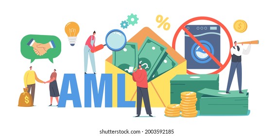 Aml, Campaign Against Money Laundering. Tiny Male and Female Characters at Huge Envelope with Dollars and Washing Machine. Stop Corruption and Illegal Business. Cartoon People Vector Illustration