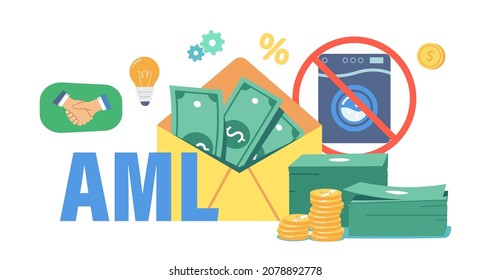 Aml, Campaign Against Money Laundering. Envelope with Dollars, Crossed Washing Machine, Bills Pile and Coins, Light Bulb, Handshake. Stop Corruption and Illegal Business. Cartoon Vector Illustration