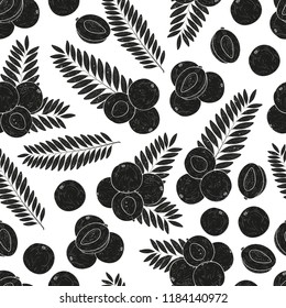 Amla. Fruit, leaves. background, wallpaper, texture, seamless. Monochrome. Black silhouette on white background.
