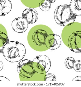 Amla fruit seamless pattern. Phyllanthus emblica fruits repeating ornament. Green anf white indian gooseberry seamless pattern. 