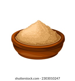 Amla powder vector illustration. Cartoon isolated brown bowl with ayurvedic medicine, amla heap in cup for making triphala, hair and face skin care remedy with vitamins from Indian gooseberry