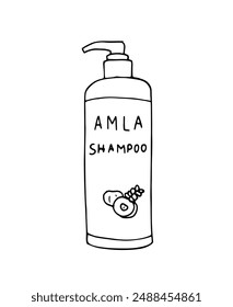 Amla shampoo. Hand-drawn shampoo bottle. Indian gooseberry. Hand-drawn illustration isolated on white background.