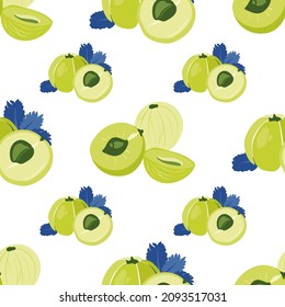 Amla. Tropical fruit seamless pattern in hand-drawn style. Vegetarian food vector repeat background for colorful summer fabric.