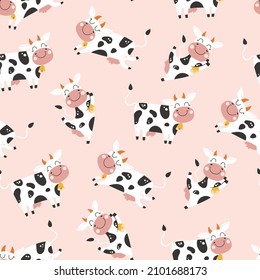 Amless Childish Pattern With Cute Cow. Creative Kids Texture For Fabric, Wrapping, Textile, Wallpaper, Apparel. Vector Illustration