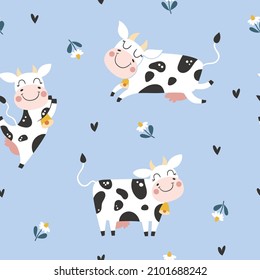 amless childish pattern with cute cow. Creative kids texture for fabric, wrapping, textile, wallpaper, apparel. Vector illustration