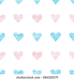 amless pattern with painted hearts, pink and blue hearts on a white background