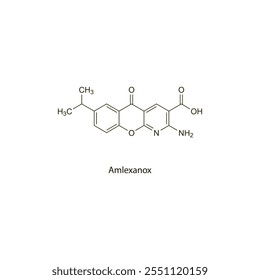 Amlexanox estructura molecular esquelética plana fármaco antialérgico utilizado en el tratamiento del asma, rinitis, úlceras aftosas. Diagrama científico de la Ilustración vectorial.