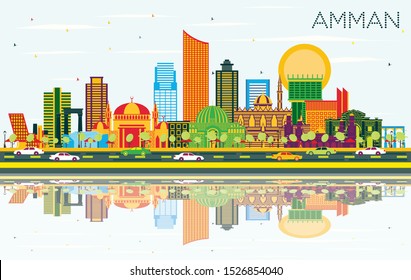 Amman Jordan City Skyline with Color Buildings, Blue Sky and Reflections. Vector Illustration. Business Travel and Tourism Concept with Modern Architecture. Amman Cityscape with Landmarks. 