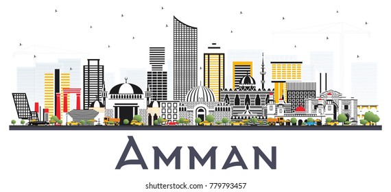 Amman Jordan City Skyline with Color Buildings Isolated on White Background. Vector Illustration. Business Travel and Tourism Concept with Modern Architecture. Amman Cityscape with Landmarks.