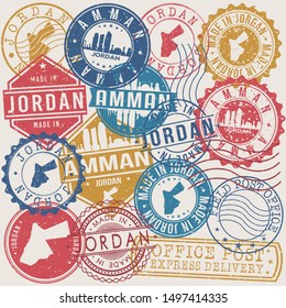 Amman Jordan Set of Stamps. Travel Stamp. Made In Product. Design Seals Old Style Insignia.