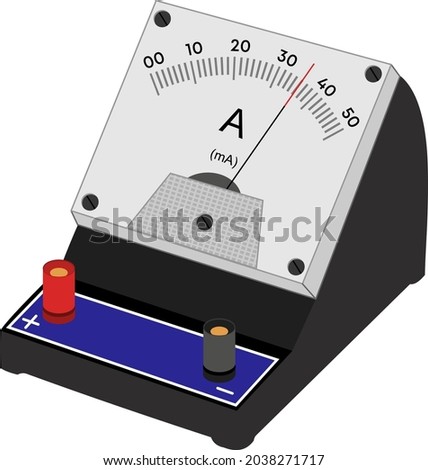 Ammeter, Analog ammeter, Current measurement, analog meter, electric meter, current direction, kvl, kcl, physics lab, science lab, ammeter isometric view flat design illustration 