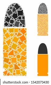 Ammo bullet composition of joggly pieces in variable sizes and shades, based on ammo bullet icon. Vector inequal pieces are grouped into composition. Ammo bullet icons collage with dotted pattern.