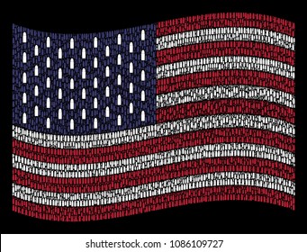 Ammo bullet pictograms are grouped into waving American flag abstraction on a dark background. Vector collage of American state flag is done with ammo bullet items.