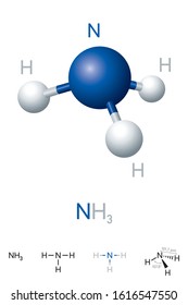 Ammonia, NH3, Molecule Model And Chemical Formula. Chemical Compound Of Nitrogen And Hydrogen. A Colorless Gas. Ball-and-stick Model, Geometric Structure And Structural Formula. Illustration. Vector.