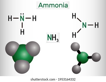 Ammonia, NH3 molecule. It is pnictogen hydride, inorganic compound composed of single nitrogen atom covalently bonded to three hydrogen atoms. Structural formula, molecule model. Vector illustration