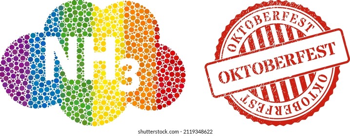 Ammoniac cloud composition icon of filled circles in variable sizes and spectrum color tinges. Red rounded textured watermark with Oktoberfest phrase.