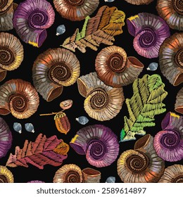 Ammonite fossil and autumn leaves seamless pattern. Embroidery. Template for clothes, print design. Archeology and paleontology background. Prehistoric concept