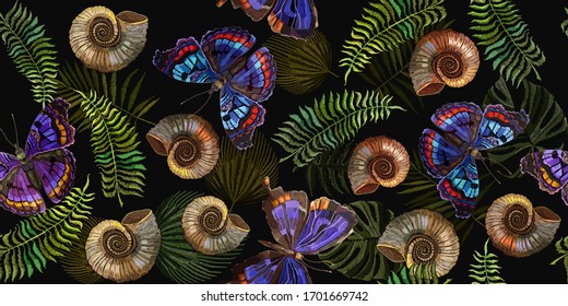 Ammonite fossil, colorful butterfllies and palm leaves. Seamless pattern. Embroidery. Ancient tropical forest background. Archeology and paleontology art. Prehistoric concept. Template for clothes 