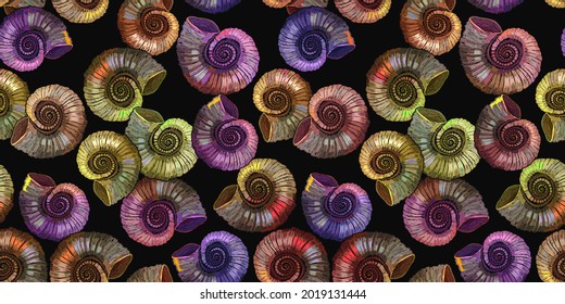 Ammonite fossil horizonal seamless pattern. Embroidery. Template for clothes, print design. Archeology and paleontology background. Prehistoric concept 