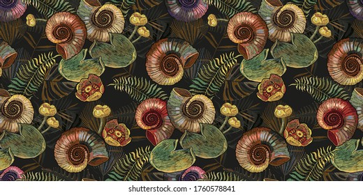 Ammonite fossil and palm leaves. Ancient tropical forest, horizontal seamless pattern. Embroidery art. Template for clothes, print. Archeology and paleontology background. Prehistoric concept 