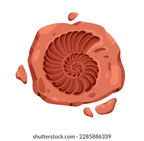 Ammonita, roca fósil con huella de conchas marinas en espiral. Arte arqueológico prehistórico sobre piedra con huella natural fosilizada de concha. Ilustración vectorial de caricatura plana aislada en fondo blanco