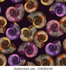 Ammonite fossil seamless pattern. Embroidery. Archeology and paleontology background. Prehistoric concept. Template for clothes, print design