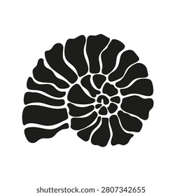 Ammonite fossil shell black silhouette vector icon, sea shell, ancient prehistoric marine mollusk isolated on white background
