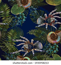 Ammonite fossil, spider tarantula and palm leaves. Ancient tropical gothic forest seamless pattern. Embroidery. Archeology and paleontology background. Template for clothes, print  