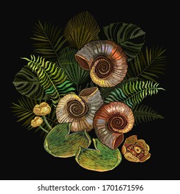 Ammonite fossil, yellow water lilies and palm leaves. Embroidery style. Ancient tropical forest. Archeology and paleontology art. Prehistoric concept. Template for clothes, print 