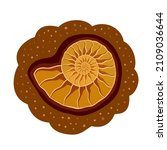 Ammonite. Icon, clipart for website, applications about fossils, science, molluscs, biology, paleontology. Golden ammonite in section. Brings good luck. Vector flat illustration, cartoon style.