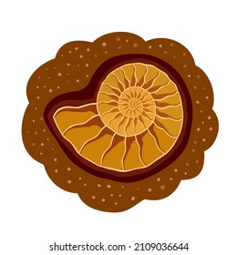 Ammonite. Icon, clipart for website, applications about fossils, science, molluscs, biology, paleontology. Golden ammonite in section. Brings good luck. Vector flat illustration, cartoon style.