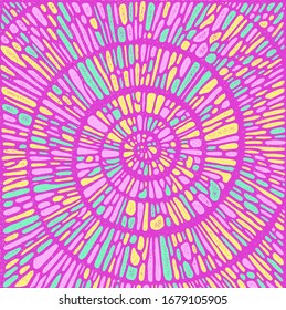 Ammonite shell spiral pattern. Colorful psychedelic folk festival poster and flyer design. Pastel goth colors. Shell texture. Abstract galactic. Ornamental  pink background. Vector illustration.