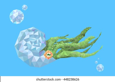 Ammonite swimming in the sea with air bubbles at the background. Polygonal illustration.