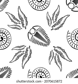 Ammonite trilobite fern vector seamless pattern background. Hand drawn spiral-form shell cephalopod and arthropod ribbed fossils, ferns. Extinct marine predators and plant life backdrop. For education