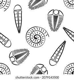 Ammonite trilobite haplophrentis vector seamless pattern background. Hand drawn shell cephalopod, arthropod, hyolithis ribbed fossils Extinct marine predators and filter feeders. For education