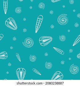 Ammonite trilobite haplophrentis vector seamless pattern background. Hand drawn shell cephalopod, arthropod, hyolithis ribbed fossils Extinct marine predators and filter feeders. For natural history