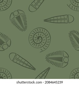 Ammonite trilobite haplophrentis vector seamless pattern background. Hand drawn shell cephalopod, arthropod, hyolithis ribbed fossils Extinct marine predators and filter feeders. For education