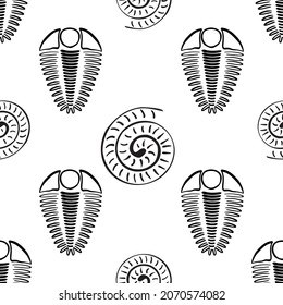 Ammonite trilobite vector seamless pattern background. Hand drawn spiral-form shell cephalopod and arthropod ribbed fossils. Monochrome backdrop.Extinct marine predators. Repeat for education