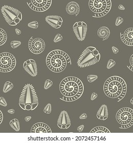 Ammonite trilobite vector seamless pattern background. Hand drawn spiral-form shell cephalopod and arthropod ribbed fossils. Brown off white backdrop.Extinct marine predators. Repeat for education