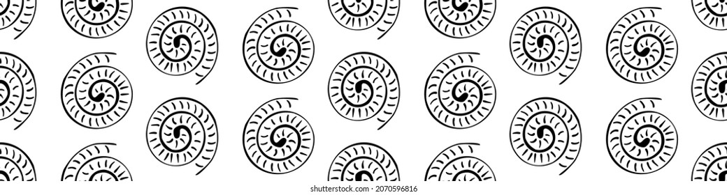Ammonite vector seamless border background. Hand drawn banner of ribbed spiral-form shell cephalopod fossil. Black white backdrop.Extinct ancient marine predators. Repeat for museum,natural history