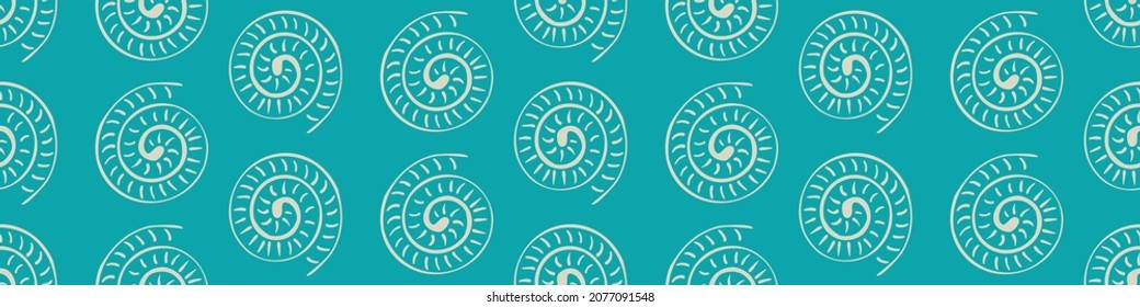 Ammonite Vector Seamless Border Background. Hand Drawn Banner Of Ribbed Spiral-form Shell Cephalopod Fossil. Blue White Backdrop.Extinct Ancient Marine Predators. Repeat For School, Kids, Museum.