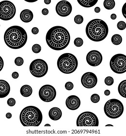 Ammonite vector seamless pattern background. Hand drawn ribbed spiral-form shell cephalopod fossil. Monochrome backdrop. Extinct ancient marine predators. Repeat for museum,natural history, school