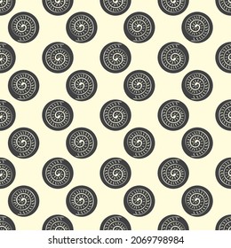 Ammonite vector seamless pattern background. Hand drawn ribbed spiral-form shell cephalopod fossil. Off white black backdrop. Extinct ancient marine predators.Repeat for museum,natural history, school