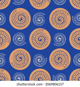 Ammonite vector seamless pattern background. Hand drawn ribbed spiral-form shell cephalopod fossil. Neon color backdrop. Extinct ancient marine predators. Repeat for museum,natural history, school